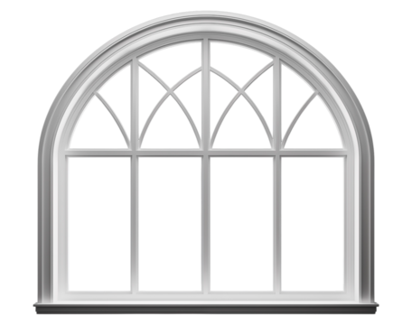 Wide semicircular window with a white frame. White large arched window. Isolated on a transparent background.