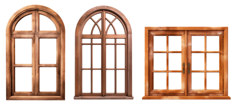 Set/collage of wooden windows of different shapes. Rectangular window with wooden frame. Semicircular arched window with wooden frame. Isolated on a transparent background.