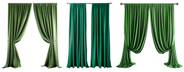 Set/collection of long, velvet, green curtains with pleats. Isolated on a transparent background. - obrazy, fototapety, plakaty