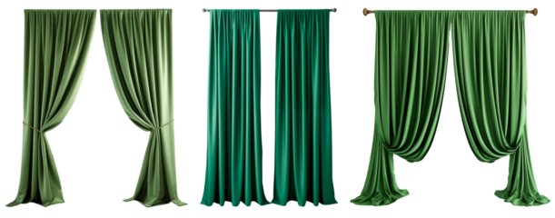 Set/collection of long, velvet, green curtains with pleats. Isolated on a transparent background.