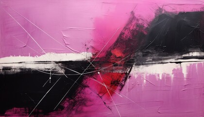 An abstract painting with magenta paint in the middle with black  and white  , multilayered texture 