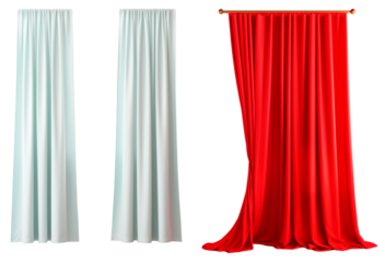 Set/collection of long, white and red curtains. Curtains with folds. Isolated on a transparent background.