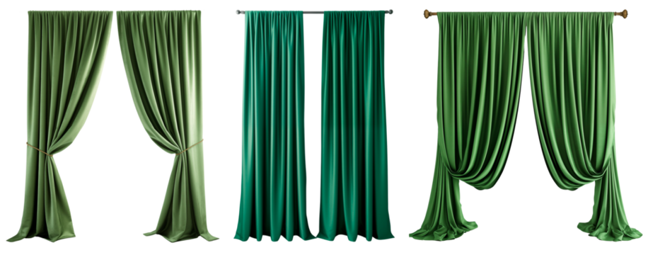 Set/collection of long, velvet, green curtains with pleats. Isolated on a transparent background.