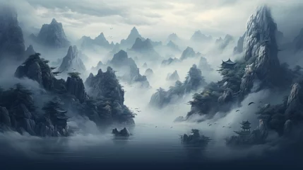 Foto auf Alu-Dibond a foggy landscape with mountains and clouds © Aliaksandr Siamko