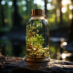 a glass jar with a plant inside