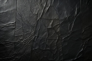 Textured black material with intricate weaves. Crumpled surface resembling wrinkled paper. Sleek leather backdrop. - obrazy, fototapety, plakaty
