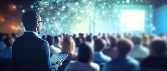Speaker Presenting at a Business Conference, a Dynamic Scene where a Businessman Engages the Audience with a Compelling Rally. The Event Is Powered by AI, Showcasing Technology.