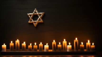 burning candles and the Star of David against on a dark gray background wall. Yom HaShoah
