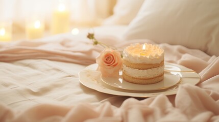 Fototapeta na wymiar cake on dish on bed , in the style of romantic