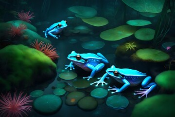 Bioluminescent rainforest with vibrant frogs 