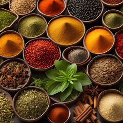 Obraz na płótnie Canvas spices and herbs in bowls