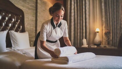  A beautiful white maid prepares clean towels in a bedroom inside a luxurious hotel - obrazy, fototapety, plakaty