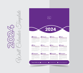 Single page modern wall calendar 2024 design template, happy new year 2024 calendar design, One Page Wall Calendar Design, A4 Size vector
