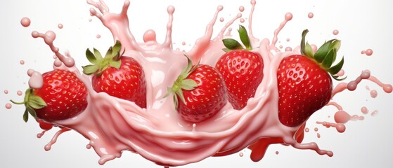 Yogurt splash with strawberries. strawberry yogurt splash isolated on white background. Strawberry and juice splashing on white background. strawberry with milk splash isolated. - obrazy, fototapety, plakaty
