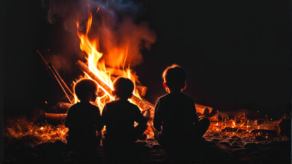 Fototapeta na wymiar Image of three children in front of the bonfire | image created by IA