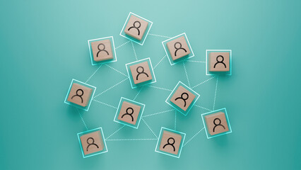 Organizational networking concept with interconnected personnel icons illustrated with wooden blocks on teal background, team collaboration and communication structure, human resources network