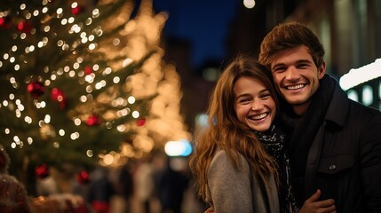 happy lover couple hugging in Christmas winter festival, Christmas tree background with bokeh light, happy affection during holiday, Generative Ai