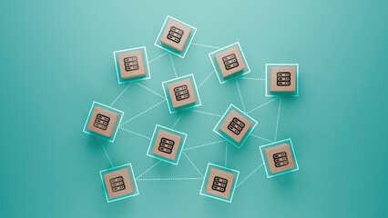 Database network system concept illustrated with wooden blocks on teal background, interconnected...