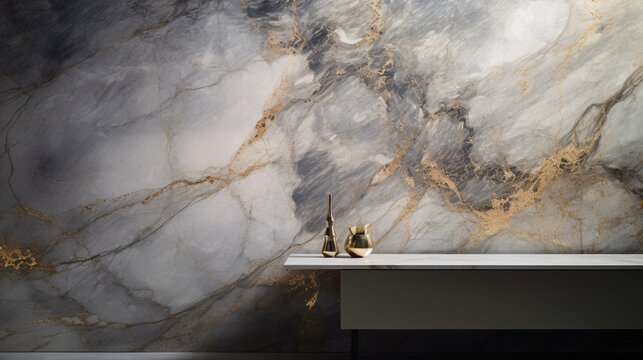 Fototapeta Zoom, gros plan sur un mur en marbre avec commode et décoration. Marbre coloré, doré. Arrière-plan pour conception et création graphique.