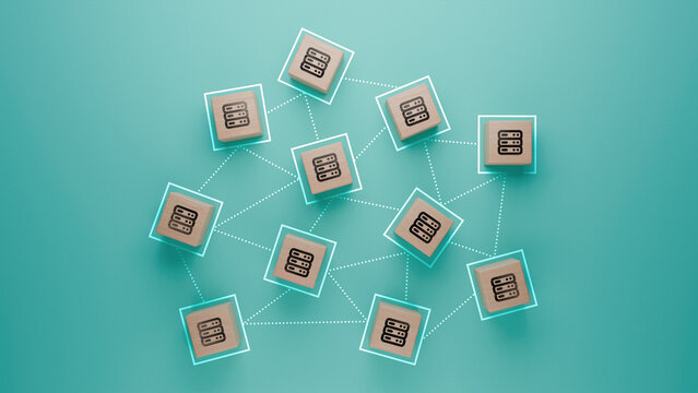 Database network system concept illustrated with wooden blocks on teal background, interconnected data blocks, server clustering and distributed databases