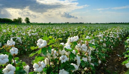 A blossoming organic white natural cotton plant in a sustainable field Scientific name Gossypium - obrazy, fototapety, plakaty