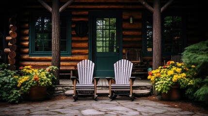 Front porch of a rustic log cabin with wooden chairs - obrazy, fototapety, plakaty
