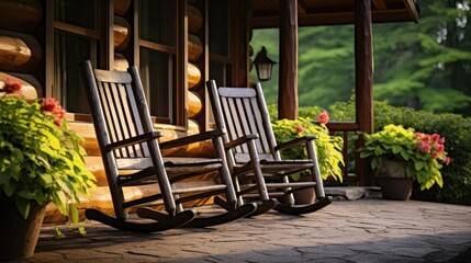 Fototapeta na wymiar Front porch of a rustic log cabin with wooden chairs