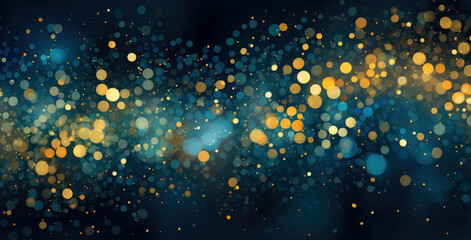 gold and blue dots on the dark background, in the style of bright and colorful abstracts - obrazy, fototapety, plakaty