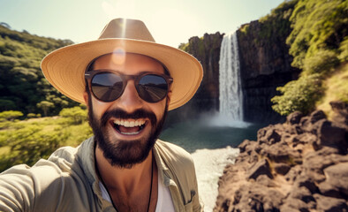 tourist taking selfie in front of a waterfall