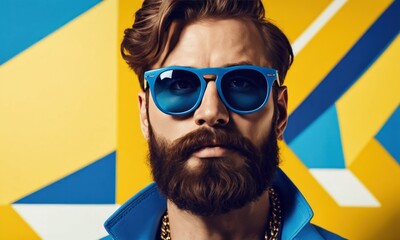 Pop art portrait of a beard man in sunglasses. Yellow and blue abstract hipster. Guy is bright and fashionable - obrazy, fototapety, plakaty