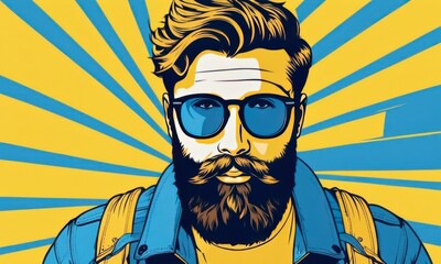 Pop art portrait of a beard man in sunglasses. Yellow and blue abstract hipster. Guy is bright and fashionable