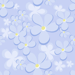 Fashionable  vector pattern. Floral seamless texture with simple blue flowers and yellow centers on a light  blue background. Elegant repeat design for decor, wallpapers, fabric, print, linen products