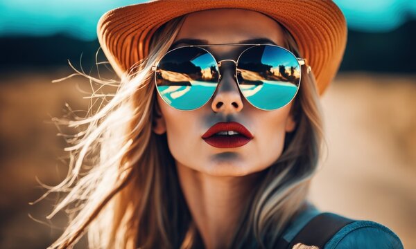 Bright trendy fashion image of sexy model, wearing neon bright color block clothes, hat and sunglasses, casual vintage spring style, color pop, city street background, hipster girl posing, fashionista