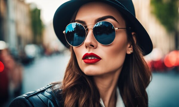 Bright trendy fashion image of sexy model, wearing neon bright color block clothes, hat and sunglasses, casual vintage spring style, color pop, city street background, hipster girl posing, fashionista