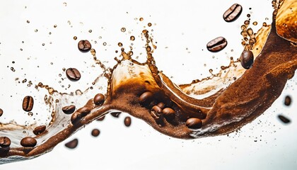 wave of coffee splashing with beans - obrazy, fototapety, plakaty