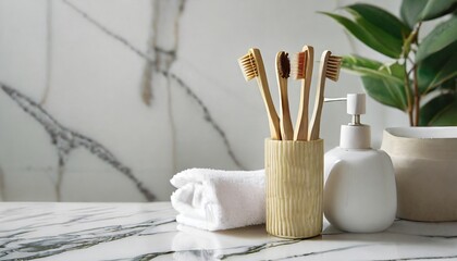 Bamboo toothbrushes in holder, towel, houseplant, Clean, white bathroom - obrazy, fototapety, plakaty