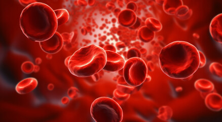 Carmine blood entities within the human structure. Numerous blood cells. Drifting unattached. Inside the human system. Biological research, microbial study, internal composition.