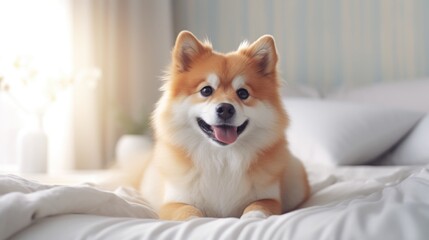 cute happy dog on the bed,look at the camera