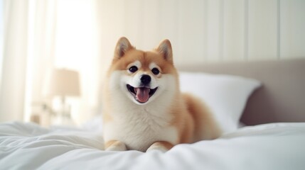 cute happy dog on the bed,look at the camera