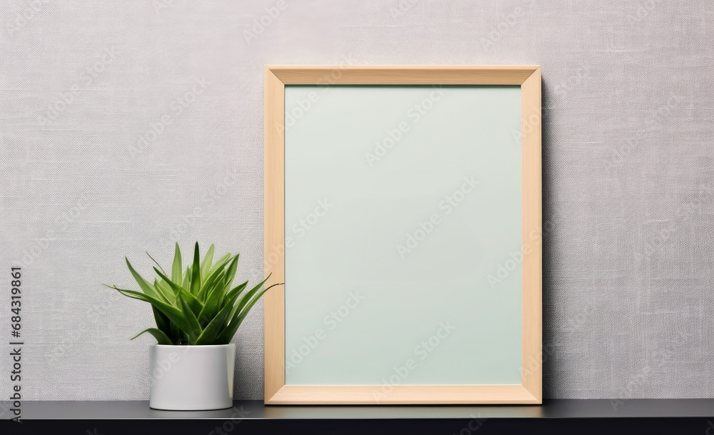 Poster mock up poster frame close up on shelf with decoration, 3d render