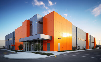 Fototapeta na wymiar Modern architecture of warehouse office building, orange