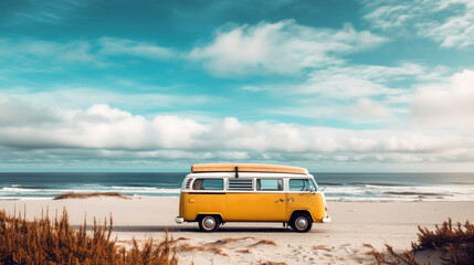Vintage yellow van on the beach with cloudy sky on background, retro