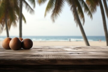 Obraz premium Black Wooden Table Top on Blur Tropical Beach Background - Perfect for Display or Product Montage