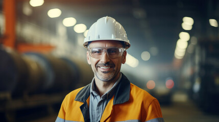  Portrait of Smiling Professional Heavy Industry Engineer. Worker Wearing Safety Uniform