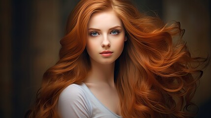 Fototapeta premium Beautiful female face with powerful silky hair and chic hairstyle done in a beauty salon. Perfect image of a beautiful red-haired woman with developing hair. Illustration for beauty magazine.