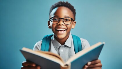 American boy in glasses laughing for camera and reading book  - obrazy, fototapety, plakaty