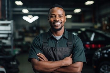 Fototapeta na wymiar portrait of African American mechanic man happy working in car garage