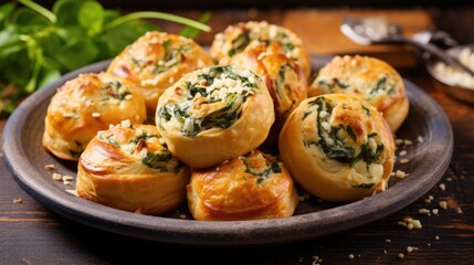 Fototapeta premium Spinach puffs with addition of Gorgonzola cheese, walnuts and sesame seeds 