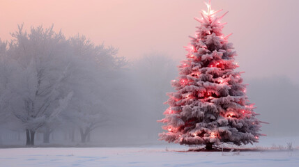 Decorated snow covered Christmas tree outdoors glowing brightly