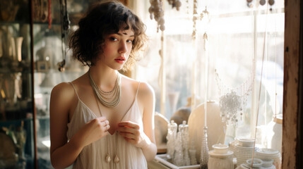 woman in vintage jewelry shop